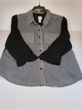 Chico's Black & White Striped Button Front Blouse
